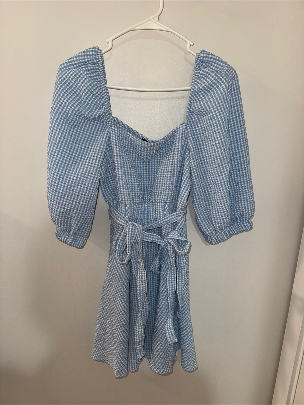 TRENDYOL Light Blue Gingham Puff-Sleeve Wrap Dress
